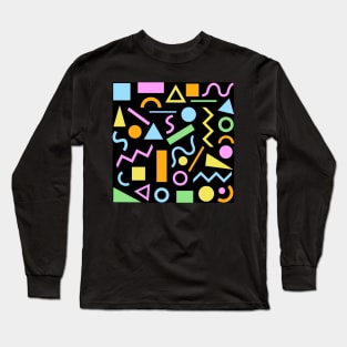 80s Style Shapes Pattern Color on Black Long Sleeve T-Shirt